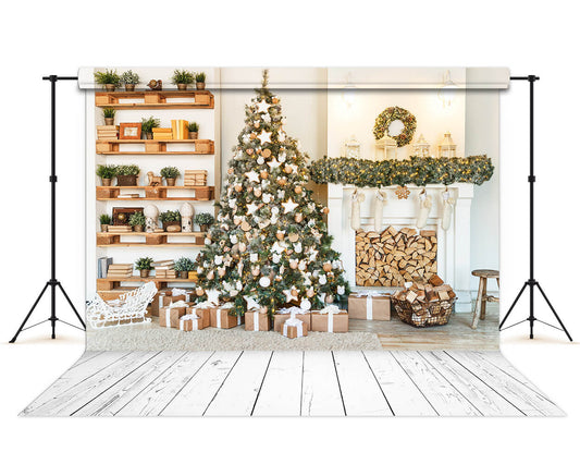Christmas Tree Bookshelf Fireplace Socking Backdrop M6-87