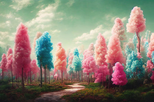 Colorful Dreamlike Candy Cotton Trees Backdrop