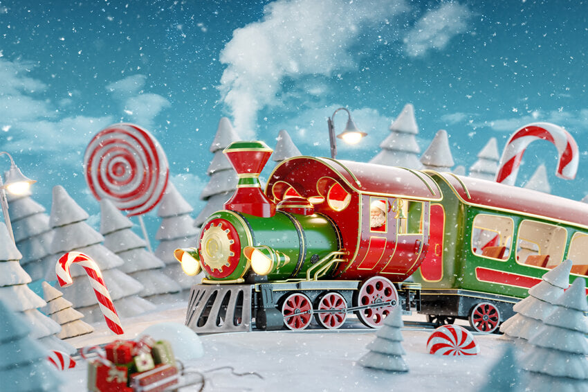 Red Train Backdrop Winter Snowy Christmas Red Candy Train Backdrop M7-30