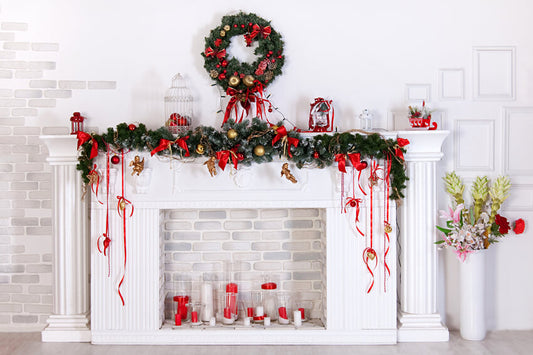 Christmas Fireplace Wreath Photography Backdrop M7-41
