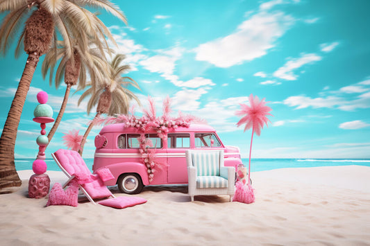 Fantasy Dolly Pink Bus Beach Photography Backdrop
