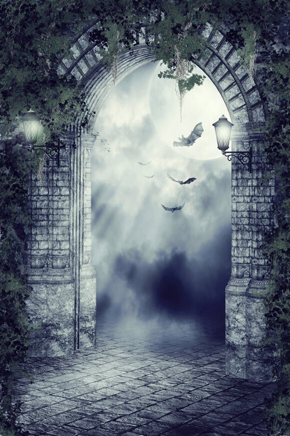 Gothic Gate Bats Moon Night Halloween Backdrop