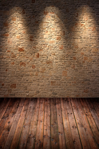 Retro Brick Wall Lights Wood Floor Backdrop