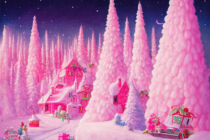 Dreamy Pink Gingerbread House Trees Backdrop