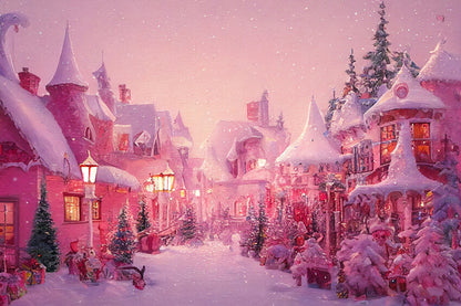 Pink Winter Christmas Town Street Backdrop