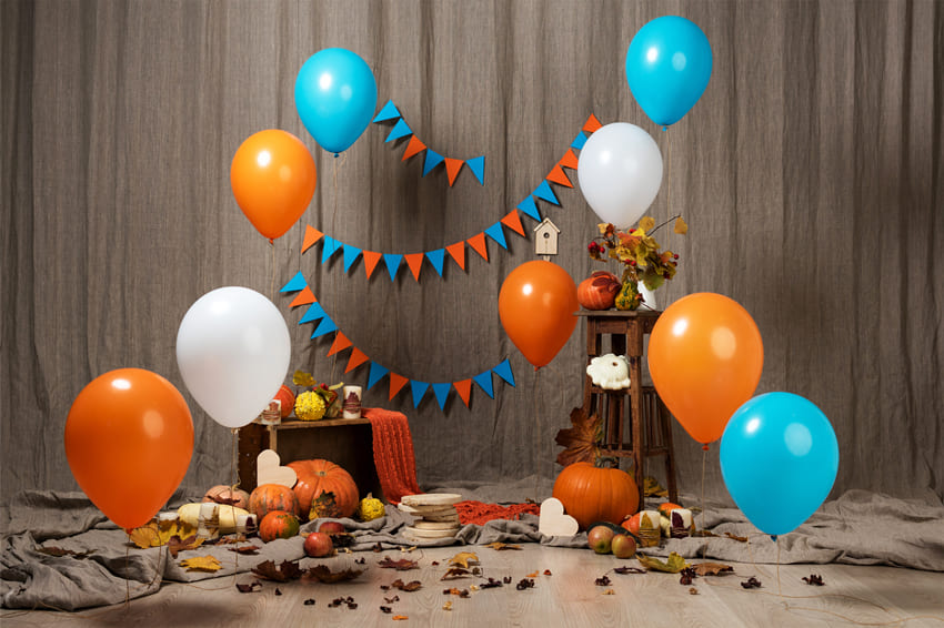 Colorful Balloons Banner Pumpkin Fall  Backdrop