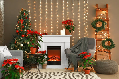 Christmas Cozy Fireplace Lights Tree Backdrop 