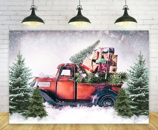 Christmas Red Truck with Pine Tree Gifts Backdrop M9-18