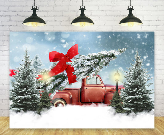 Christmas Tree with Red Bow Red Truck Backdrop M9-19
