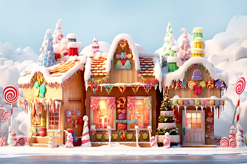 Christmas Snowy Gingerbread Candy House Backdrop 