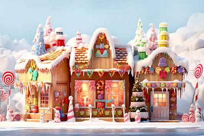 Christmas Snowy Gingerbread Candy House Backdrop 