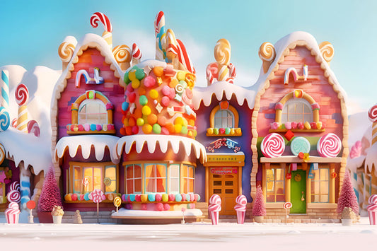 Cartoon Candy House Gingerbread Christmas Backdrop 