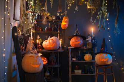 Halloween Pumpkins Lights Burning Candles Backdrop