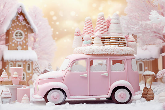 Pink Ice Cream Car Gingerbread Xmas Backdrop