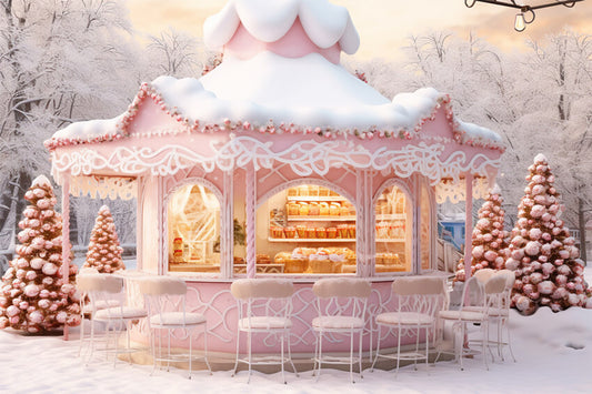 Christmas Pink Candy Store Snow Backdrop