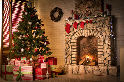 Decorated Christmas Tree Fireplace Backdrop 