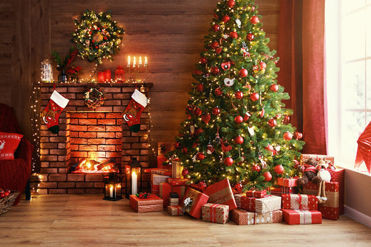 Christmas Glowing Tree Fireplace Gifts Backdrop