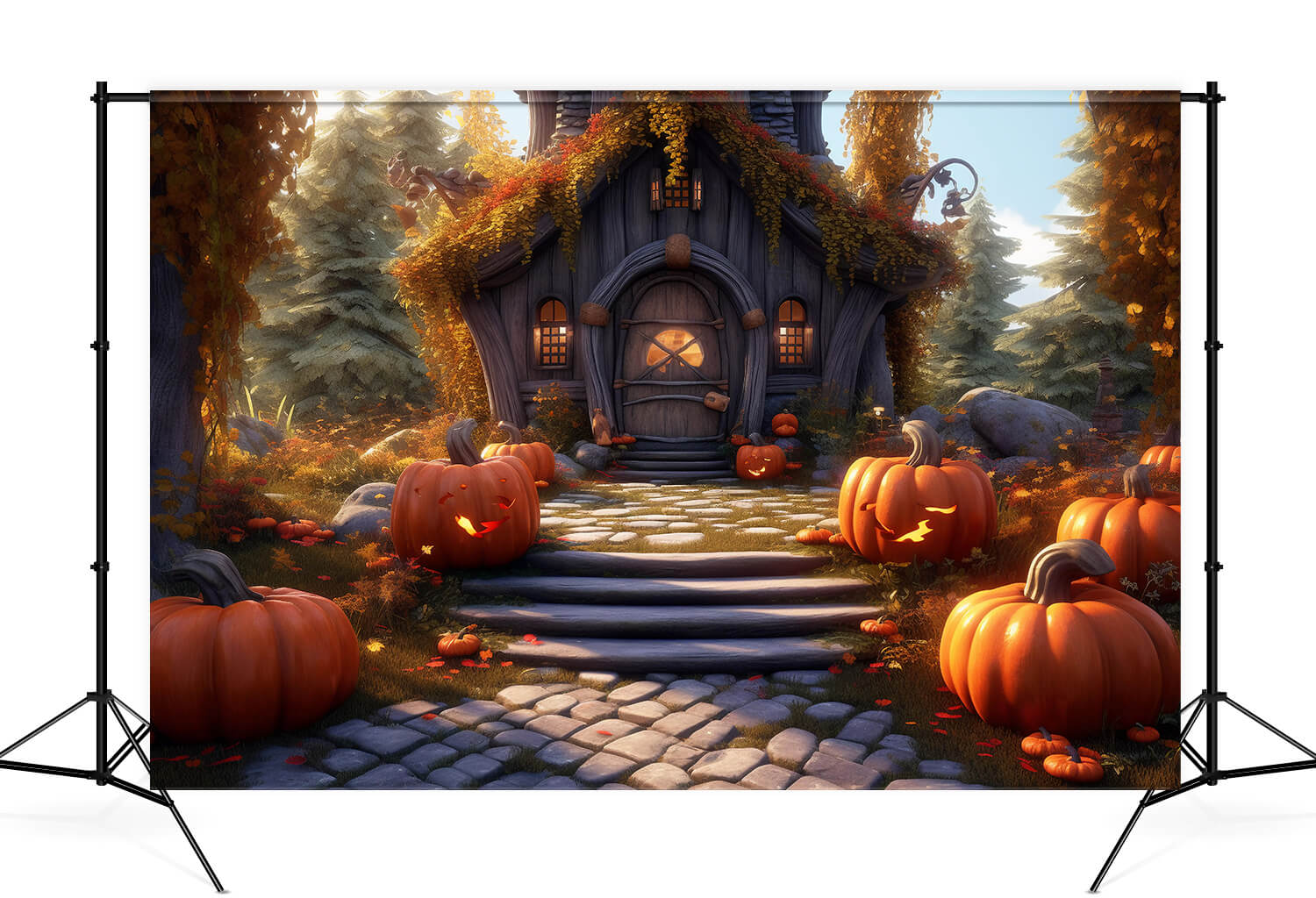 Funhouse Backdrop Autumn Pumpkin Cute Wooden House Backdrop M9-85 β Dbackdrop