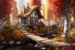 Autumn Maple Leaves Forest Cottage Backdrop