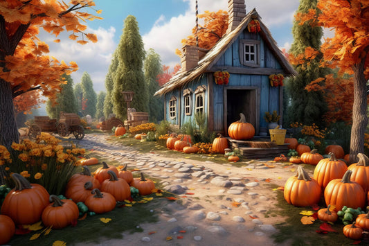 Autumn Village Path Pumpkin House Backdrop