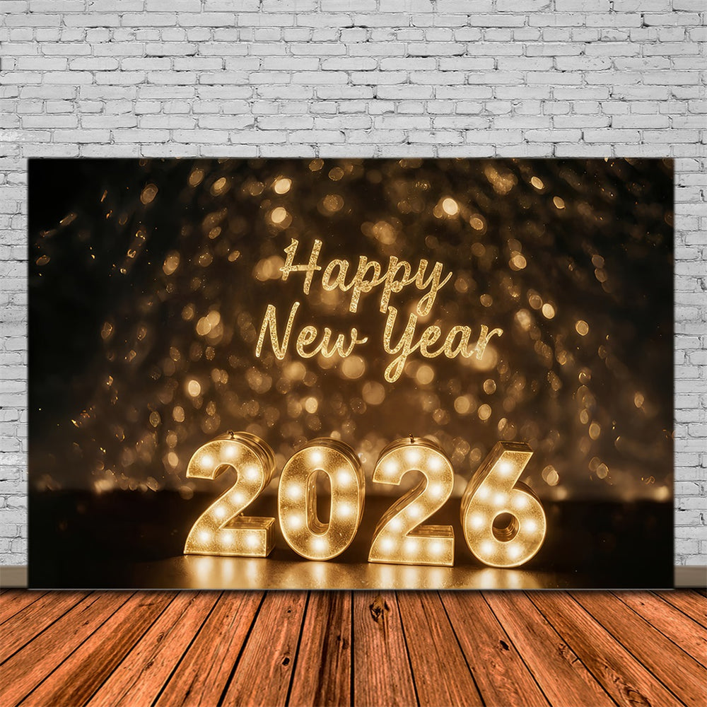 Happy New Year 2026 Backdrop Golden Lights Celebration Glow New Years