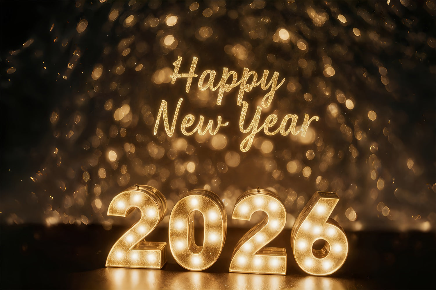 Happy New Year 2026 Backdrop Golden Lights Celebration Glow New Years Eve Backdrop MRR10-1