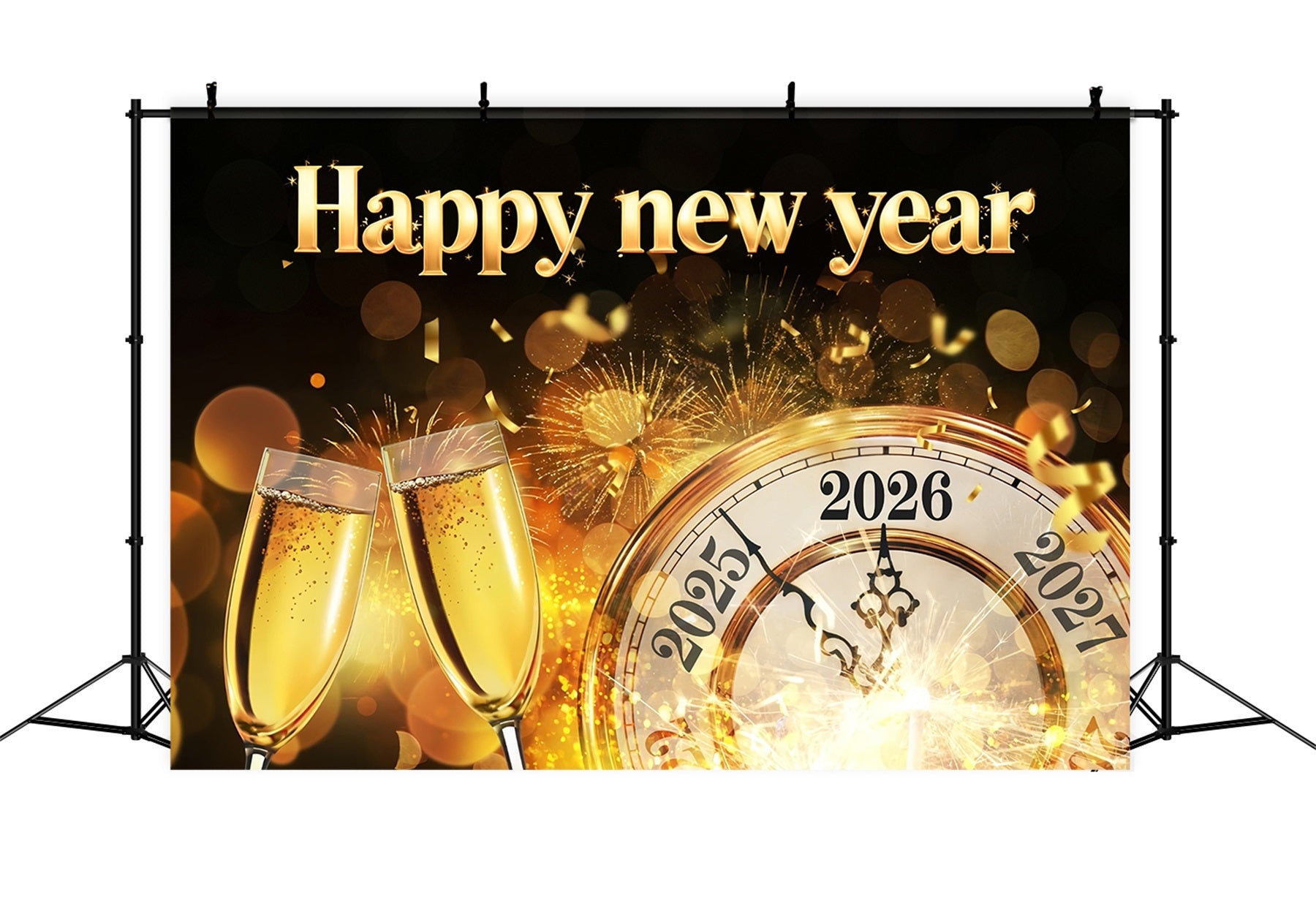 2026 Happy New Year Backdrop Golden Clock Midnight Toast New Year's Backdrops MRR10-11