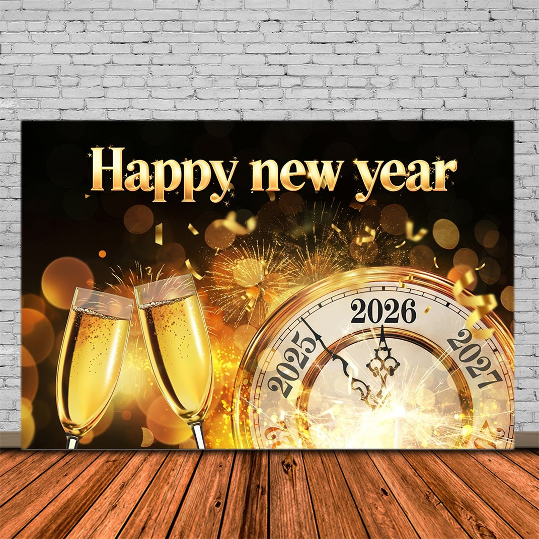 2026 Happy New Year Backdrop Golden Clock Midnight Toast New Year's Ba