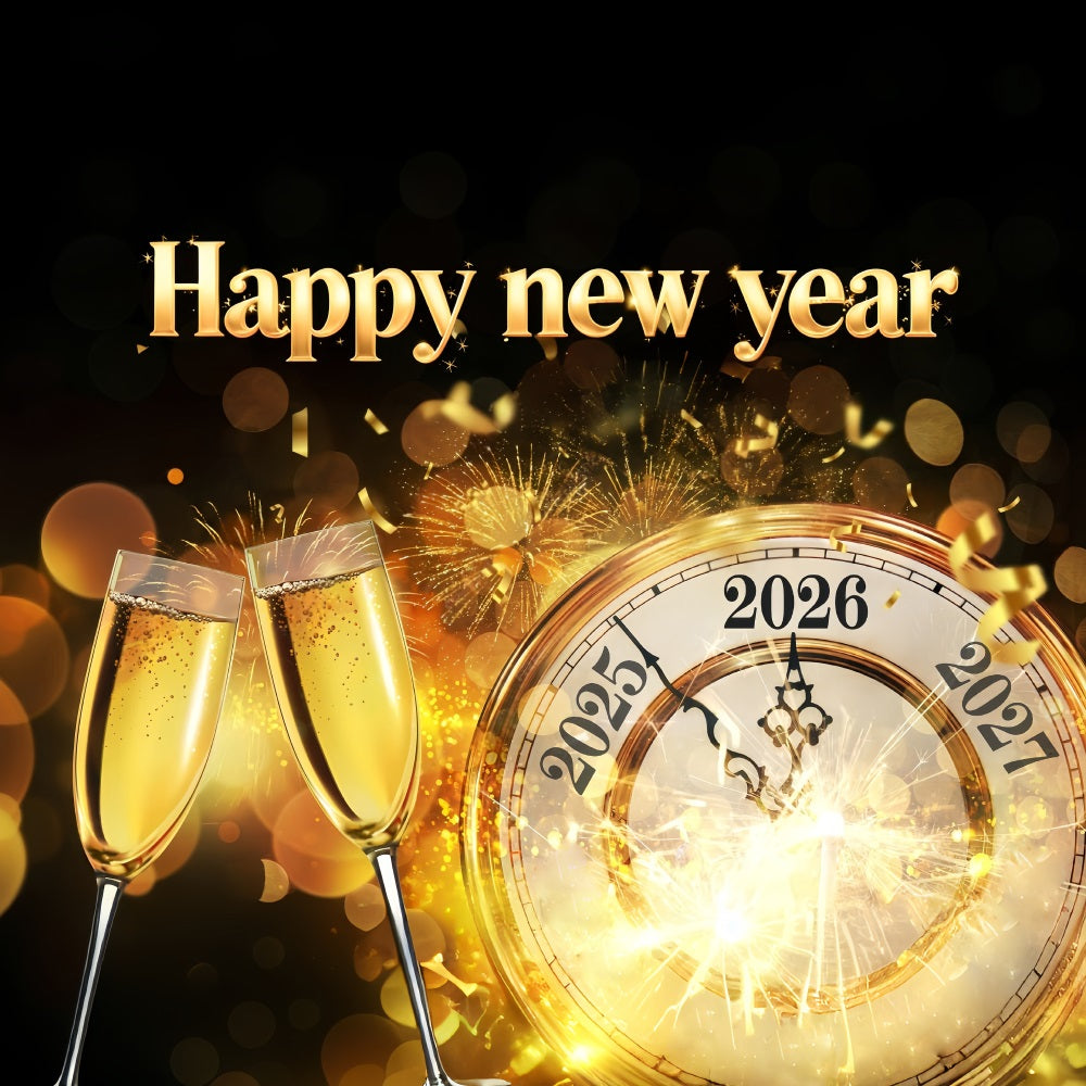 2026 Happy New Year Backdrop Golden Clock Midnight Toast New Year's Backdrops MRR10-11