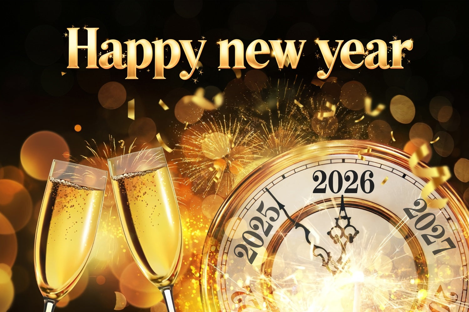 2026 Happy New Year Backdrop Golden Clock Midnight Toast New Year's Backdrops MRR10-11