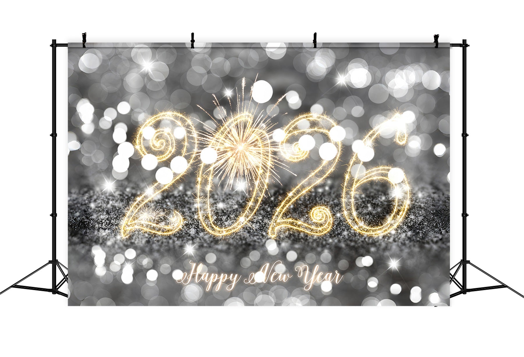 Happy New Year 2026 Backdrop Silver Sparkling Glitter Lights New Year Backdrop MRR10-13