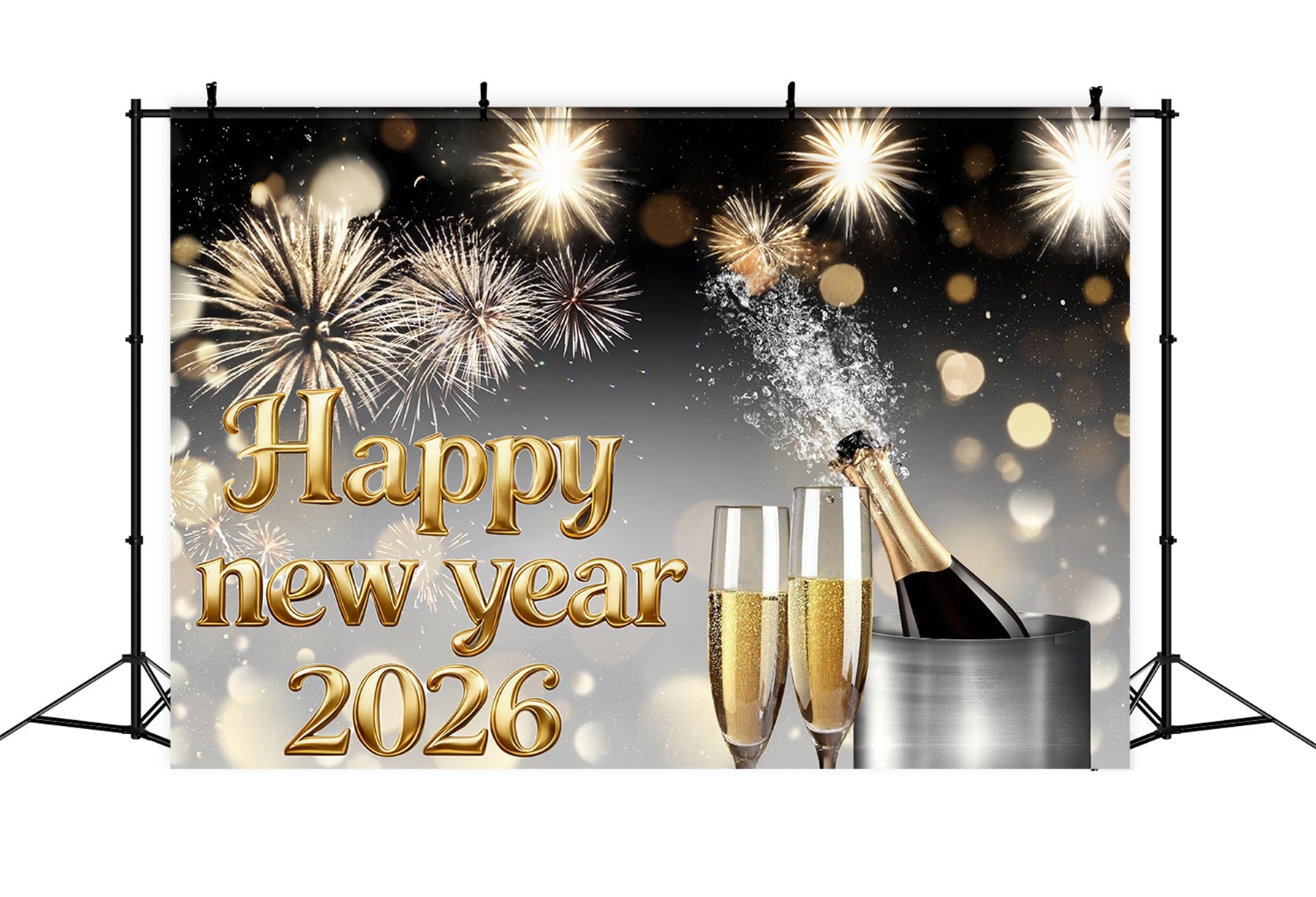 Happy New Year 2026 Backdrop Champagne Fireworks Burst Elegance New Year Backdrop MRR10-15