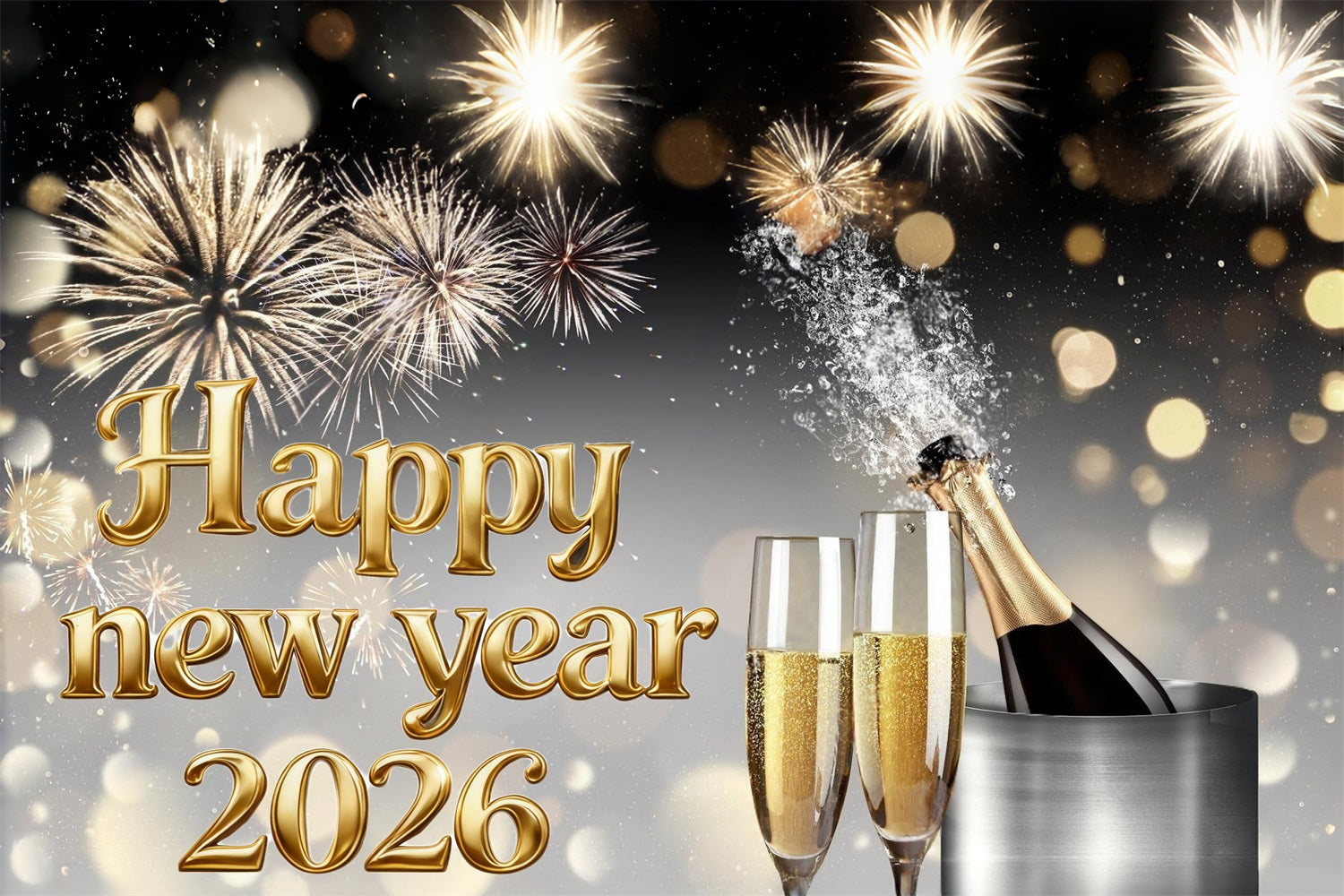 Happy New Year 2026 Backdrop Champagne Fireworks Burst Elegance New Year Backdrop MRR10-15