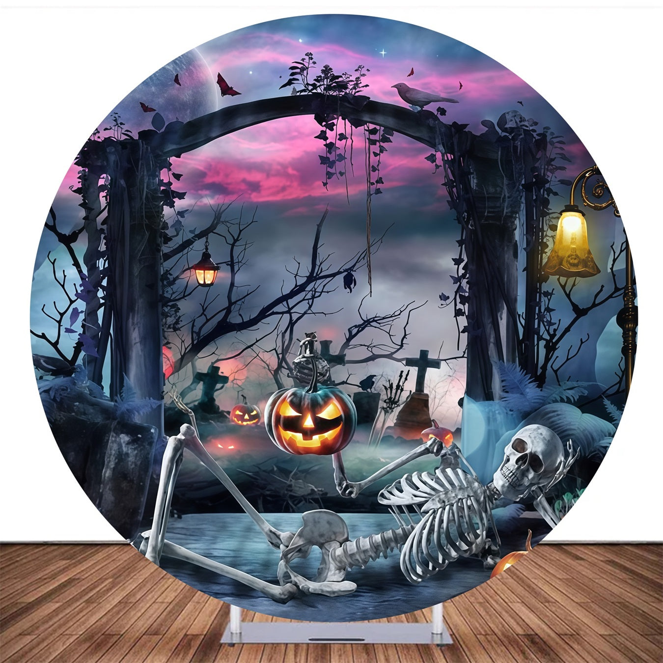 Custom Circle Backdrop Skeleton Pumpkin Graveyard Halloween Backdrop MRR10-157