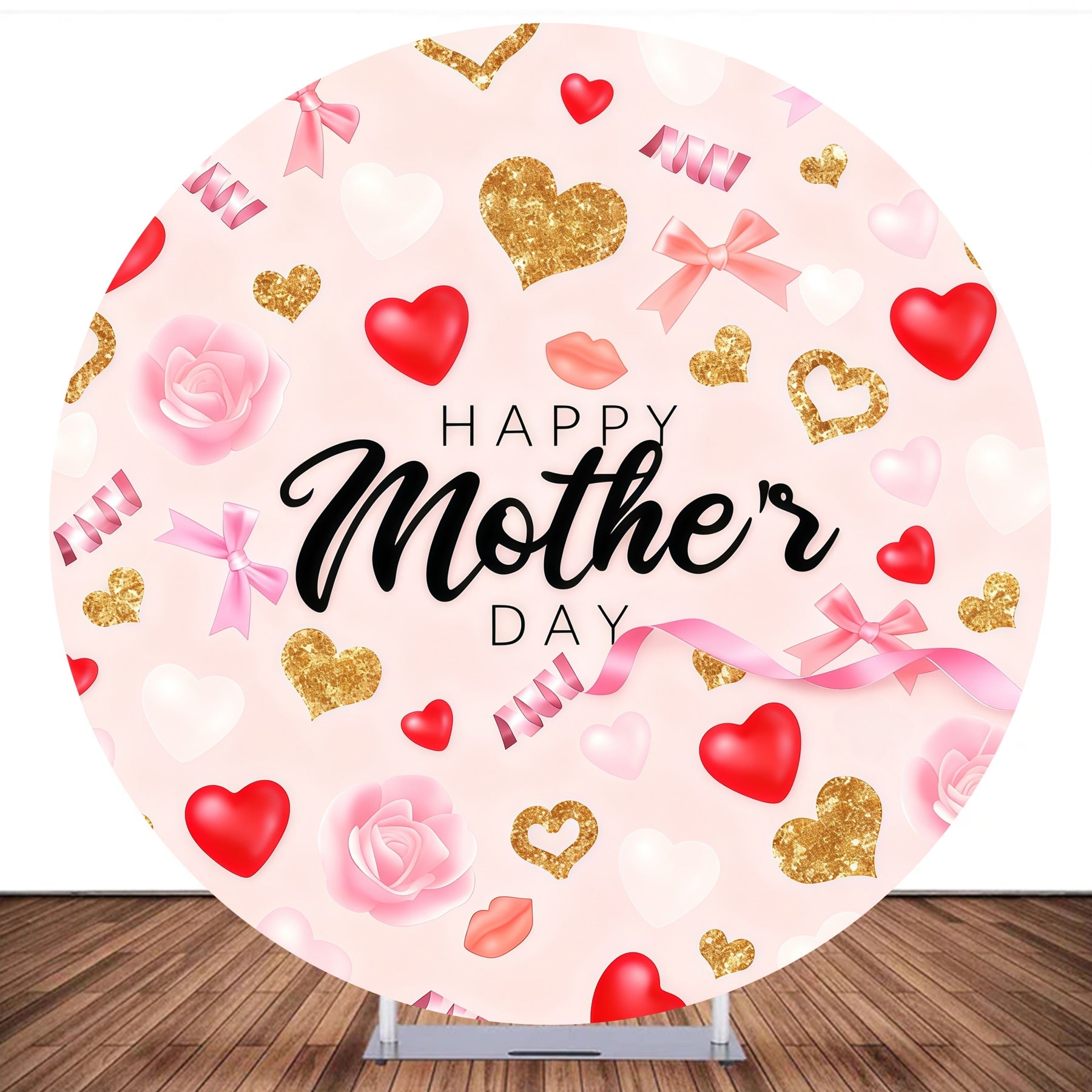Custom Circle Backdrop Pink Hearts Roses Mother's Day Backdrop MRR10-181