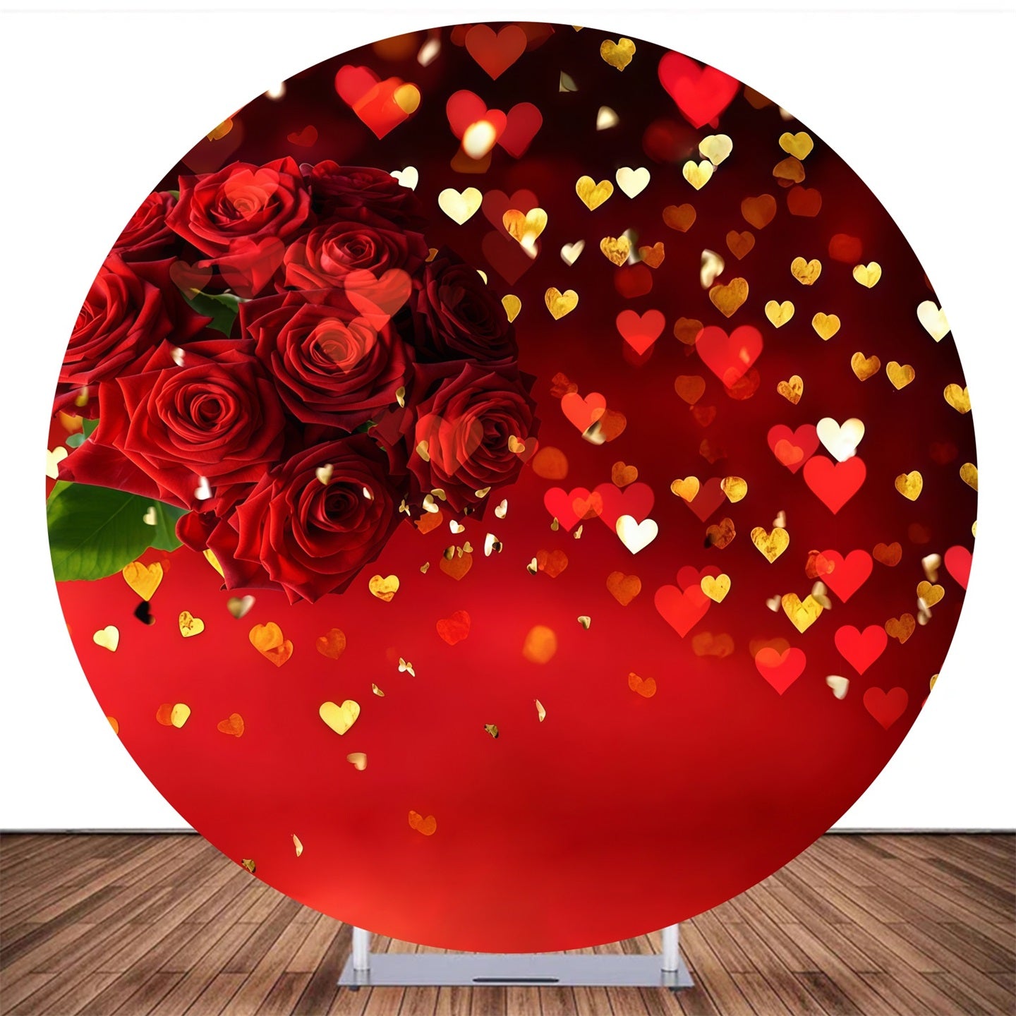 Custom Circle Backdrop Red Roses Golden Hearts Valentines Backdrop MRR10-189