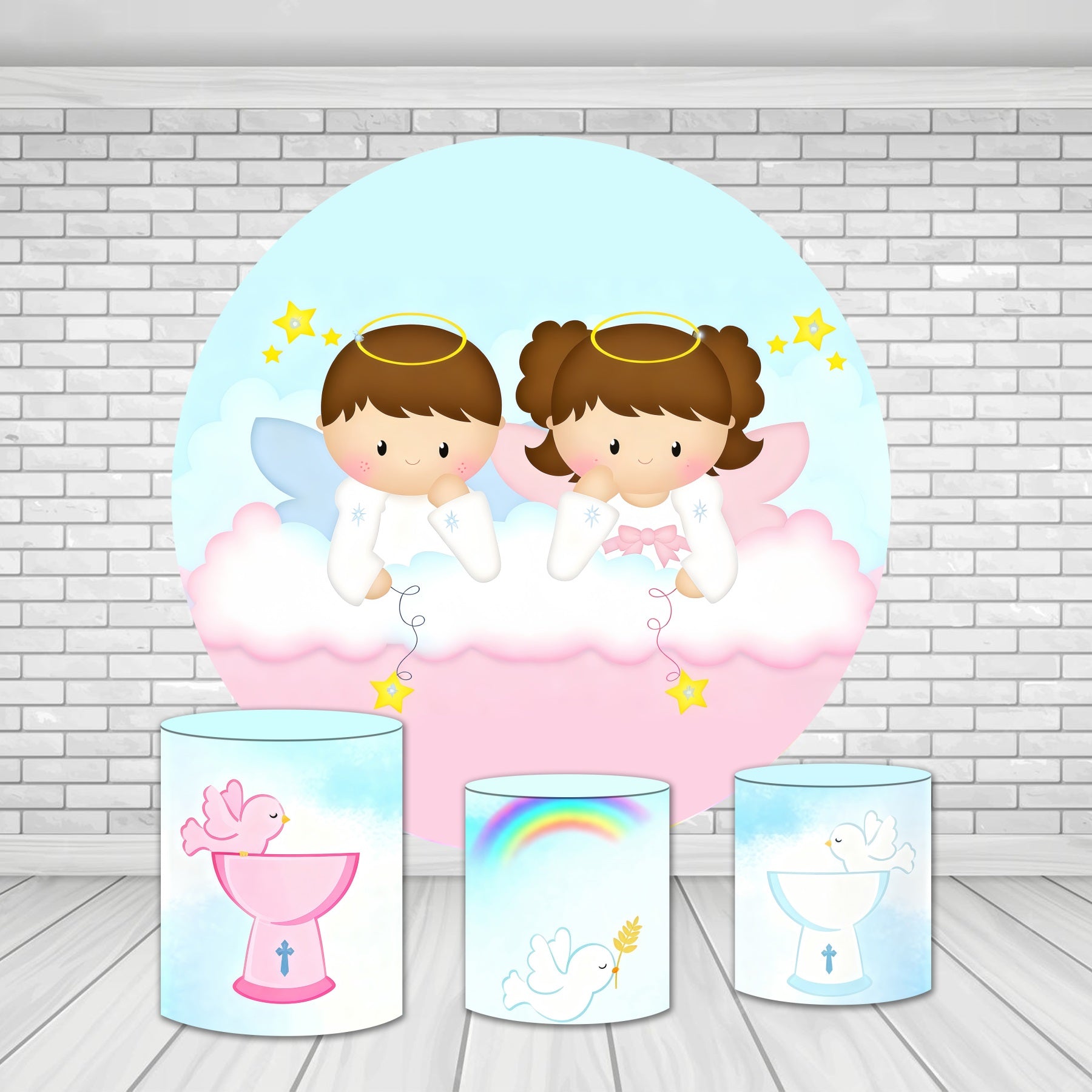 Circle Backdrop Kit Sweet Angel Twins Clouds Baby Shower Backdrop MRR10-208