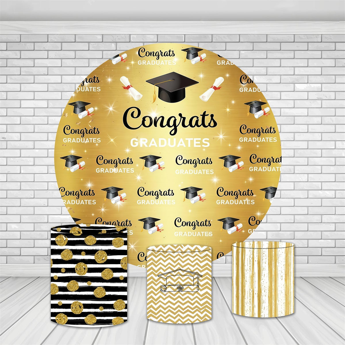 Round Backdrop Kit Gold Celebration Pattern Graduation Backdrop MRR10-222
