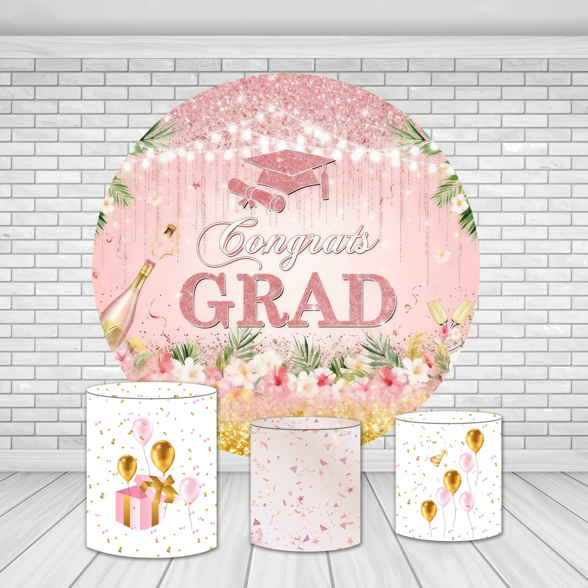 Round Backdrop Kit Pink Glitter Celebration Graduation Backdrop MRR10-