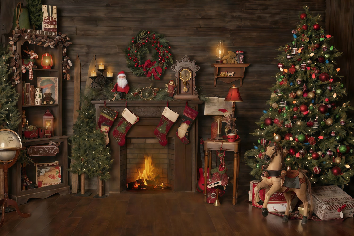 Christmas Backdrop Wood House Fireplace Stockings Christmas Photo Backdrop MRR10-52