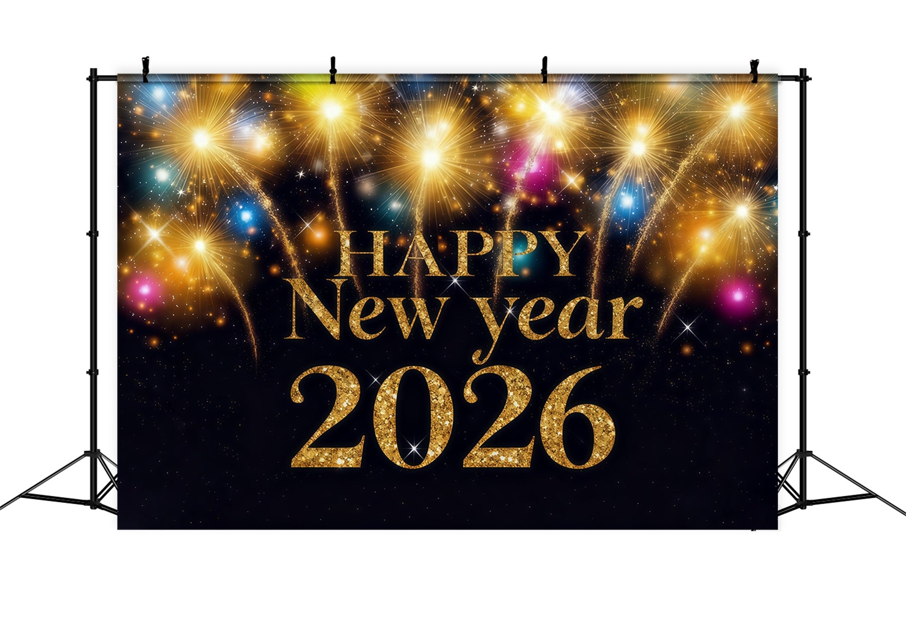 2026 New Year Backdrop Golden Fireworks Radiant Celebration New Years Photo Backdrop MRR10-8