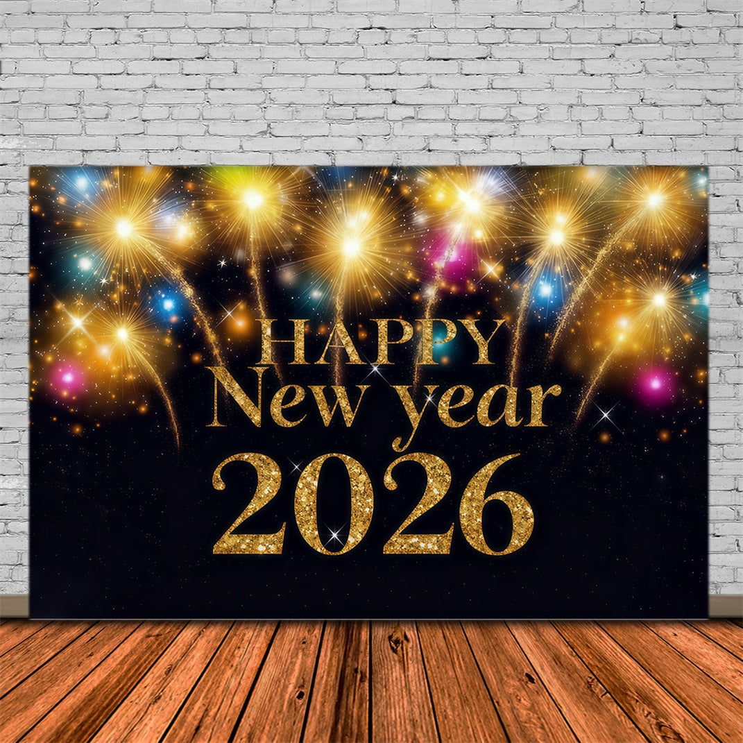 2026 New Year Backdrop Golden Fireworks Radiant Celebration New Years Photo Backdrop MRR10-8