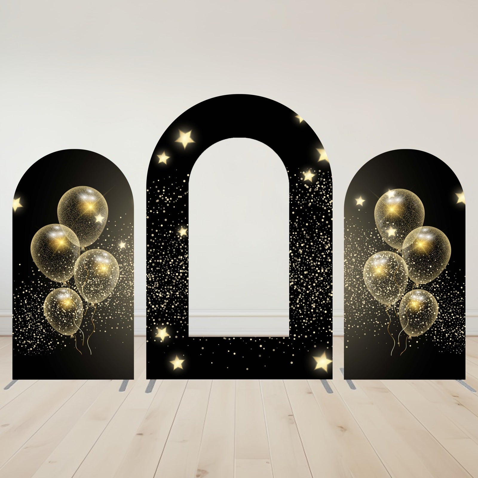 Open Arch Backdrop Black Gold Sparkle Balloons Party Backdrop MRR10-80