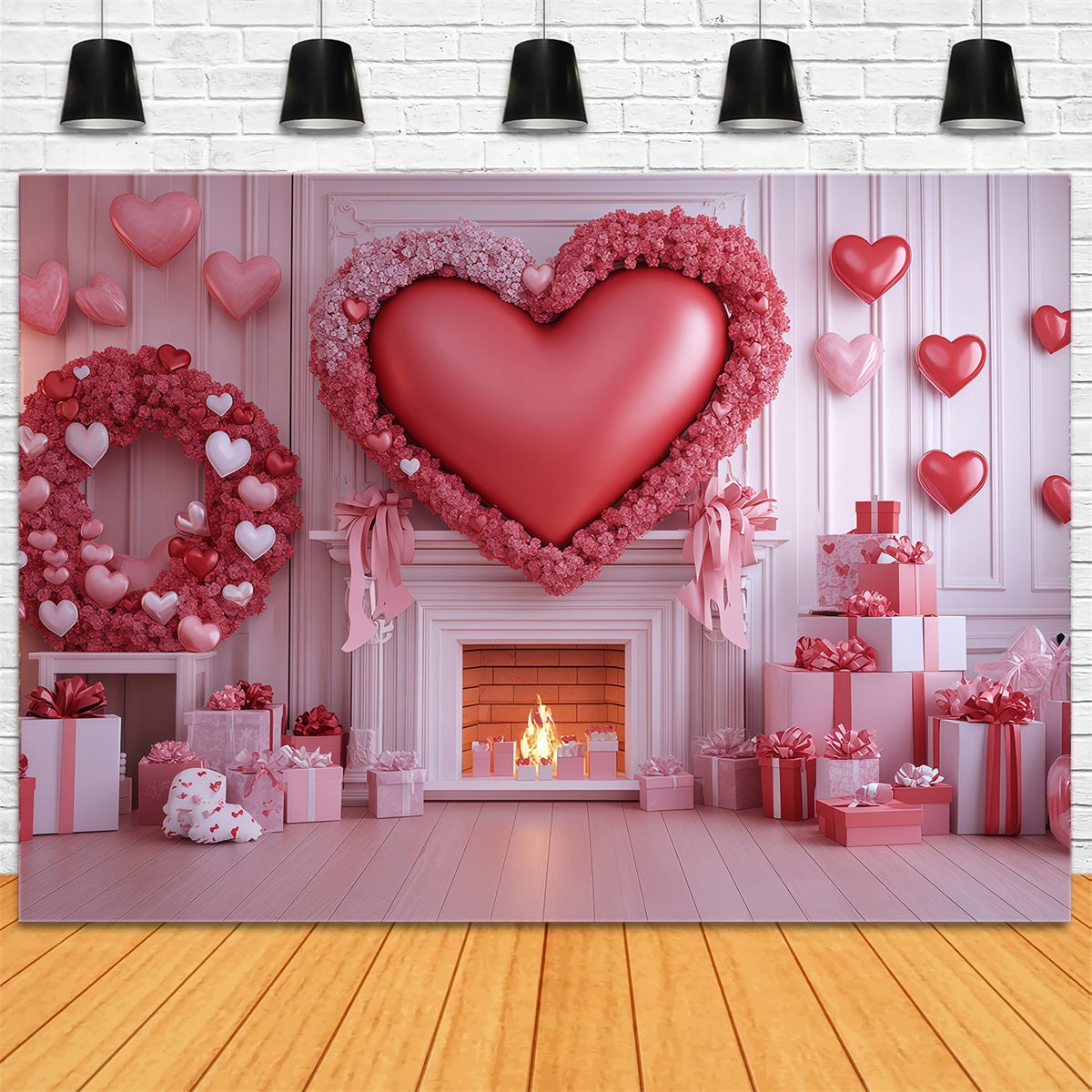 Valentine's Day Hearts Backdrop Pink Heart Gift Fireplace Valentines Backdrop MRR11-101