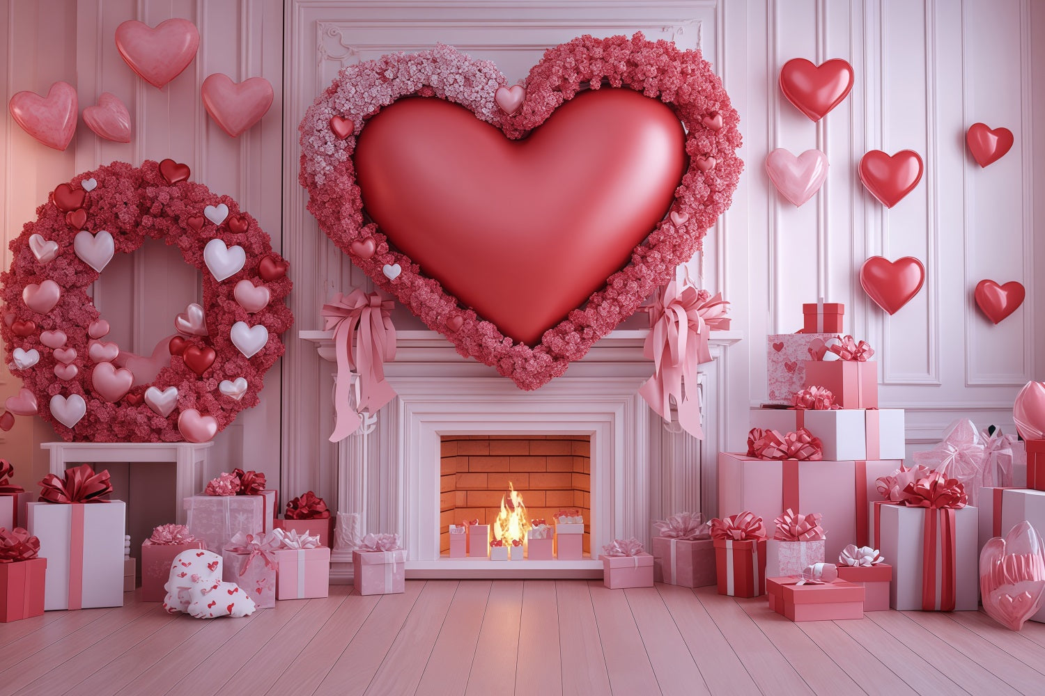 Valentine's Day Hearts Backdrop Pink Heart Gift Fireplace Valentines Backdrop MRR11-101