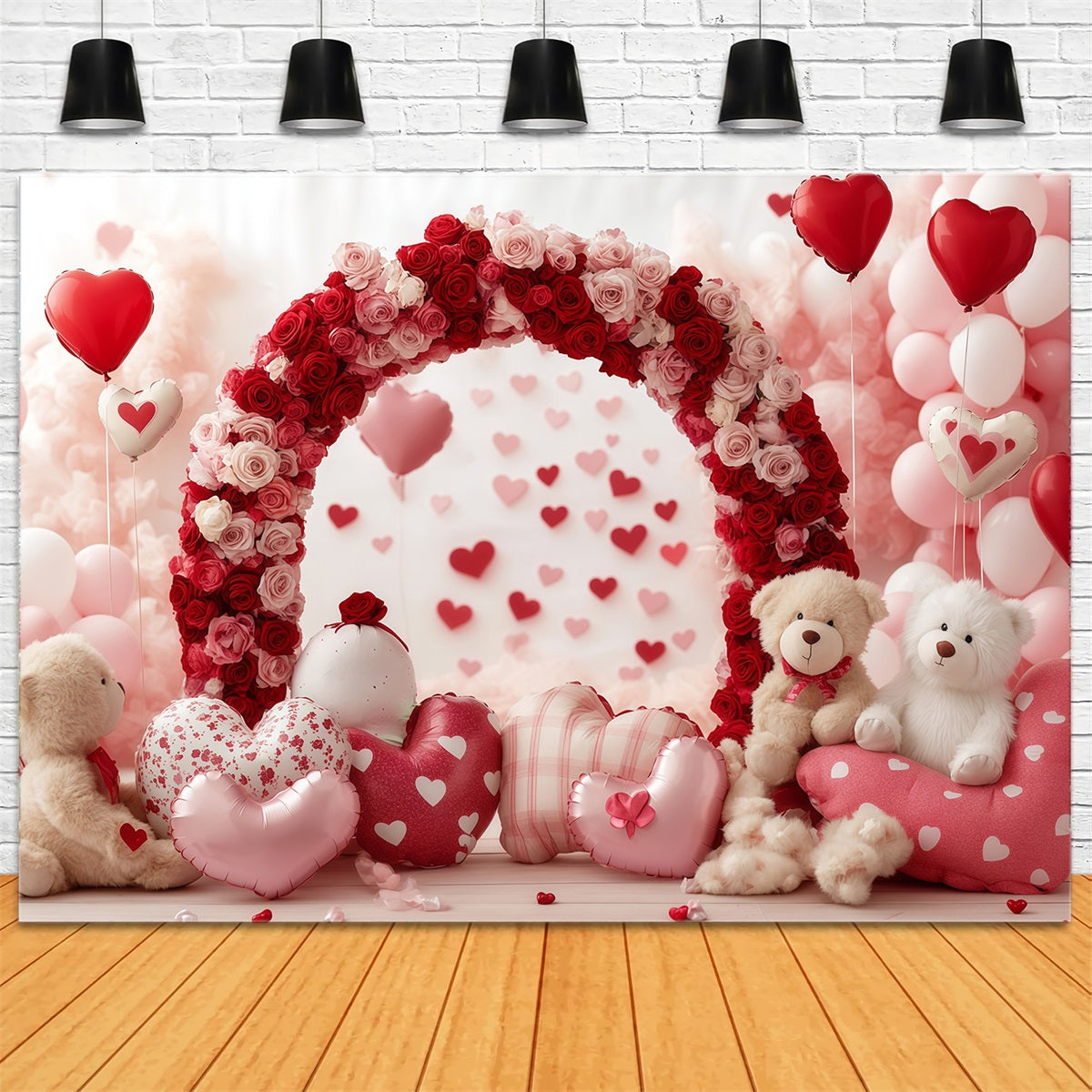 Valentine's Day Backdrops Rose Bear Heart Arch Valentine Balloon Backdrop MRR11-103