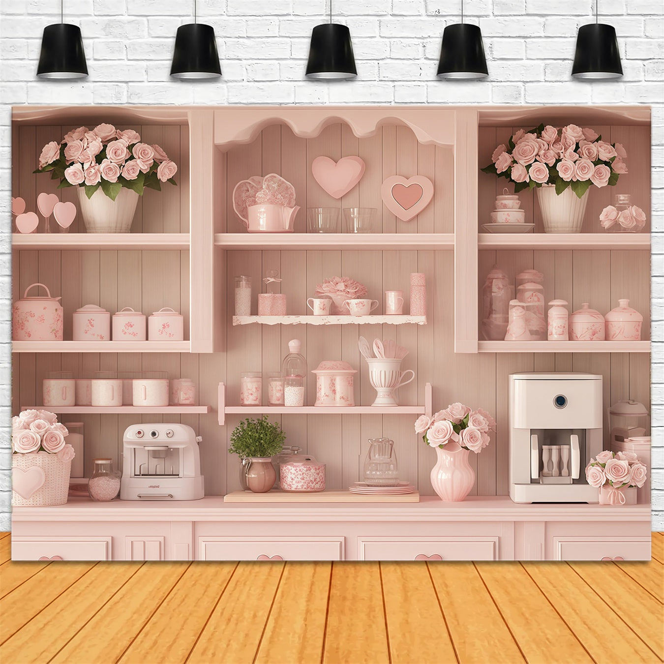 Valentine Day Backdrop Pastel Heart Cozy Kitchen Valentines Photo Backdrop MRR11-106