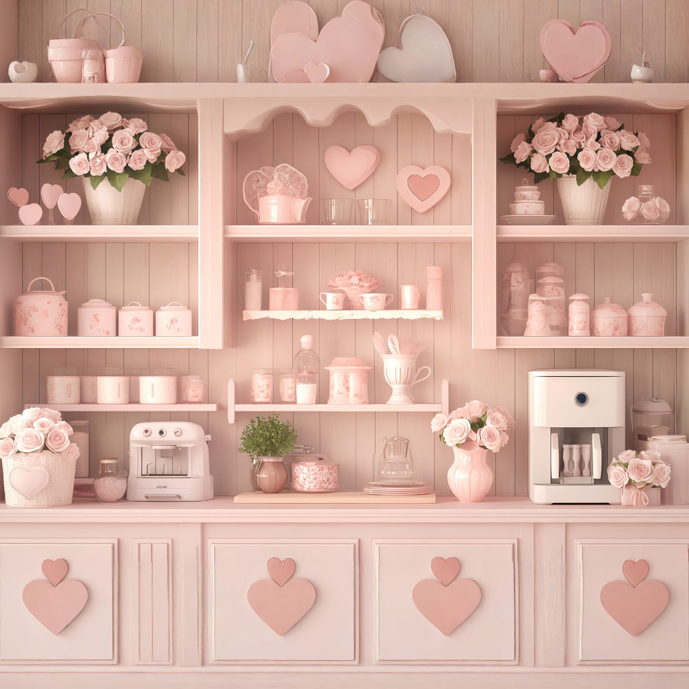 Valentine Day Backdrop Pastel Heart Cozy Kitchen Valentines Photo Backdrop MRR11-106