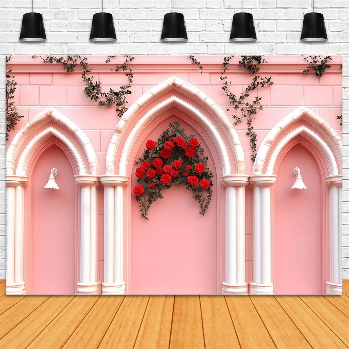 Pink Valentine Backdrop Pink Brick Arch Flower Valentine's Day Backdrop MRR11-110