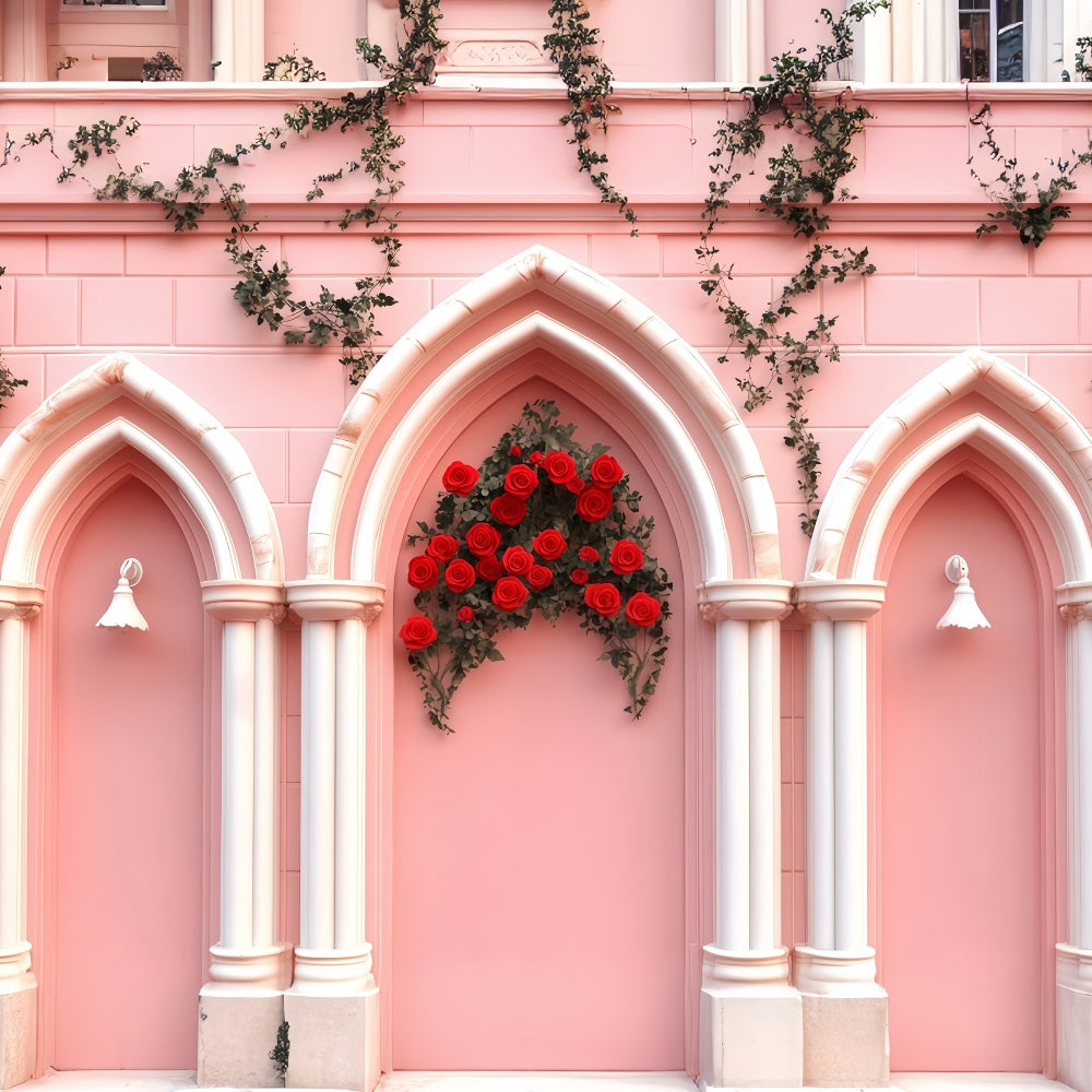 Pink Valentine Backdrop Pink Brick Arch Flower Valentine's Day Backdrop MRR11-110